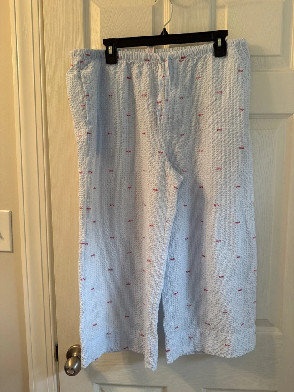 Light Blue Seersucker Two-Piece Pajama Set with red Accent cropped pants. Auden - Picture 2 of 6